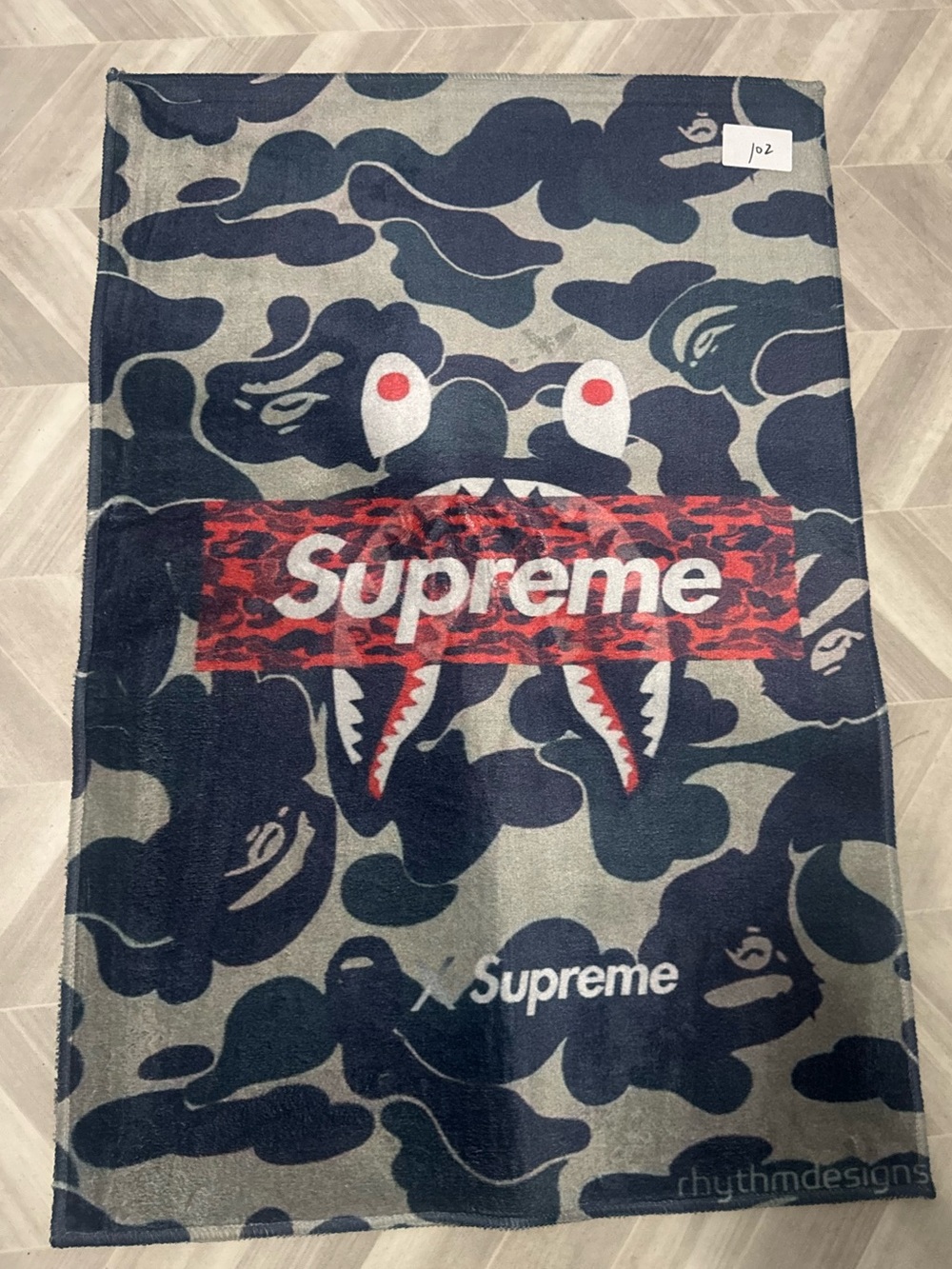 Supreme Shark Camo Rug/Wall Decor - Navy, Gray & Red Box Logo 35x24
